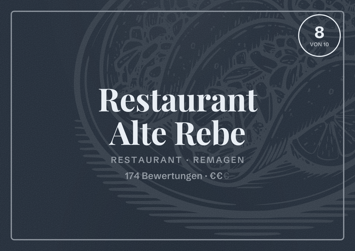 Illustriertes Poster von Restaurant Alte Rebe, Restaurant in Remagen: Bewertung 8 von 10 aus 174 Bewertungen, Preisniveau €€