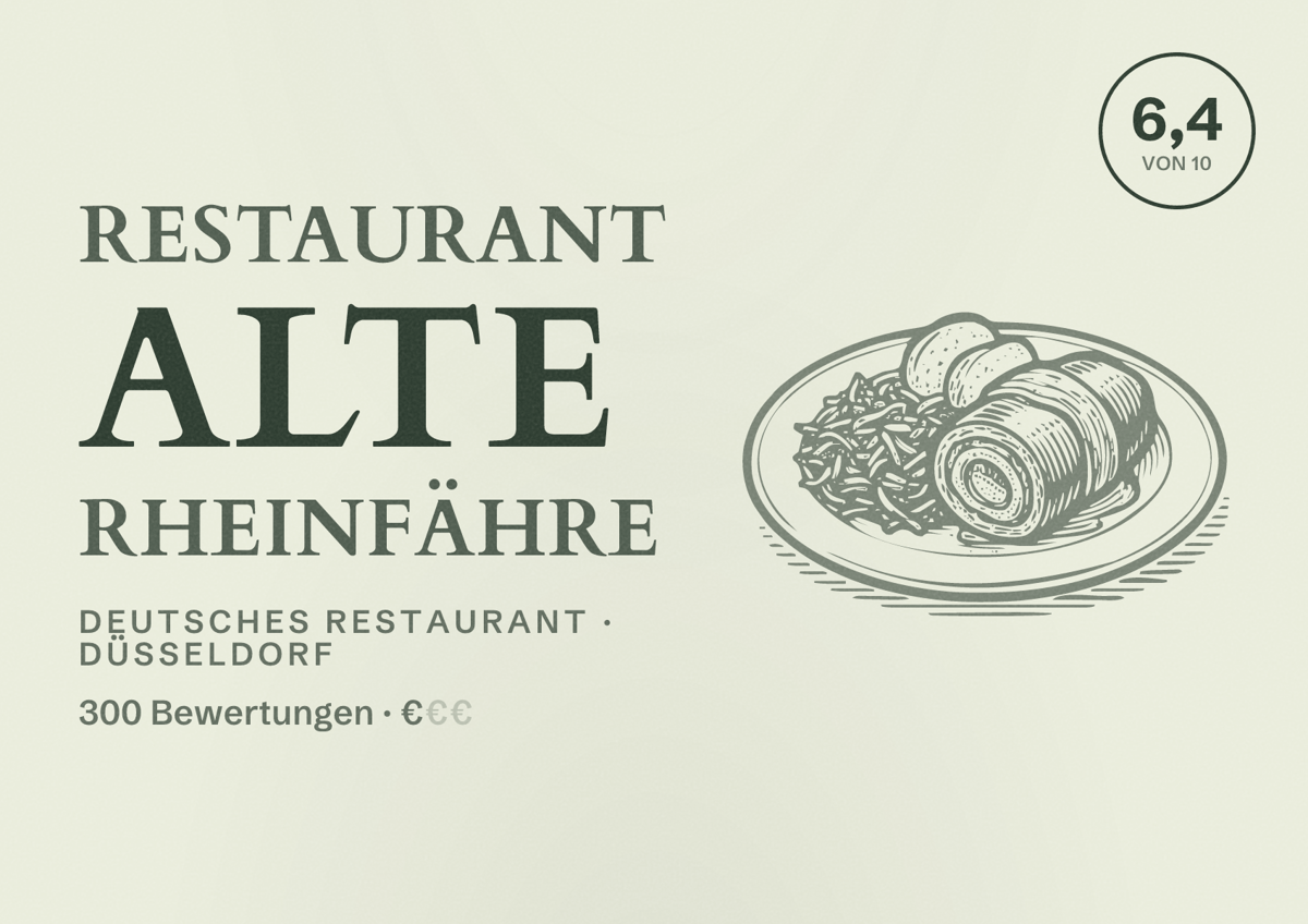 Illustriertes Poster von Restaurant Alte Rheinfähre, Deutsches Restaurant in Düsseldorf: Bewertung 6,4 von 10 aus 300 Bewertungen, Preisniveau €