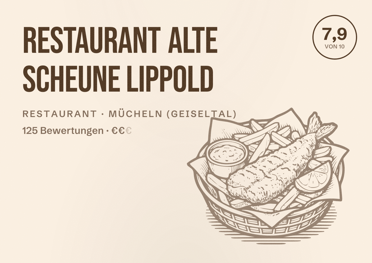 Illustriertes Poster von Restaurant Alte Scheune Lippold, Restaurant in Mücheln (Geiseltal): Bewertung 7,9 von 10 aus 125 Bewertungen, Preisniveau €€