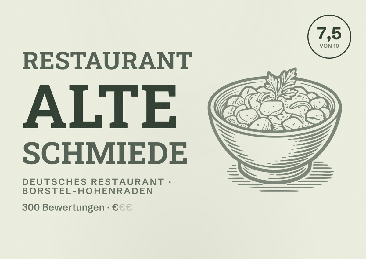 Illustriertes Poster von Restaurant Alte Schmiede, Deutsches Restaurant in Borstel-Hohenraden: Bewertung 7,5 von 10 aus 300 Bewertungen, Preisniveau €