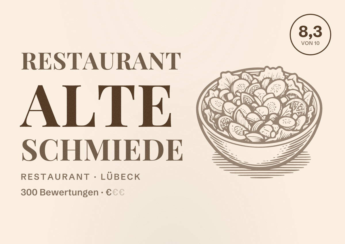 Illustriertes Poster von Restaurant Alte Schmiede, Restaurant in Lübeck: Bewertung 8,3 von 10 aus 300 Bewertungen, Preisniveau €
