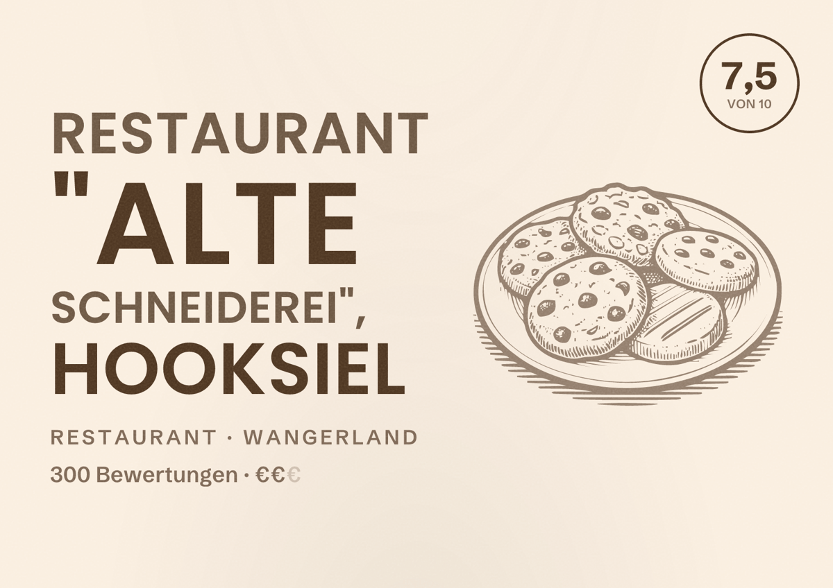 Illustriertes Poster von Restaurant "Alte Schneiderei", Hooksiel, Restaurant in Wangerland: Bewertung 7,5 von 10 aus 300 Bewertungen, Preisniveau €€