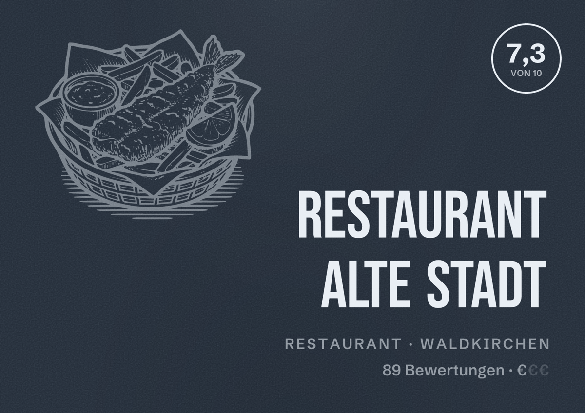 Illustriertes Poster von Restaurant Alte Stadt, Restaurant in Waldkirchen: Bewertung 7,3 von 10 aus 89 Bewertungen, Preisniveau €