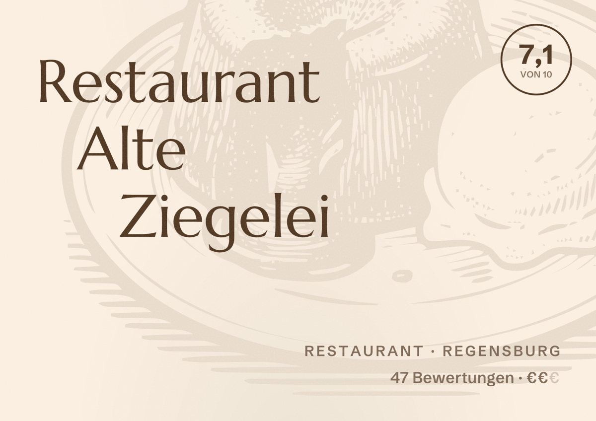 Illustriertes Poster von Restaurant Alte Ziegelei, Restaurant in Regensburg: Bewertung 7,1 von 10 aus 47 Bewertungen, Preisniveau €€