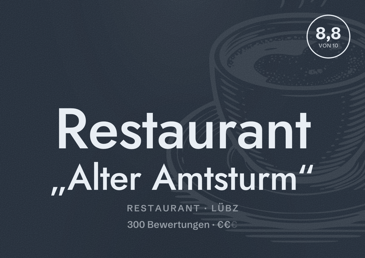 Illustriertes Poster von Restaurant „Alter Amtsturm“, Restaurant in Lübz: Bewertung 8,8 von 10 aus 300 Bewertungen, Preisniveau €€