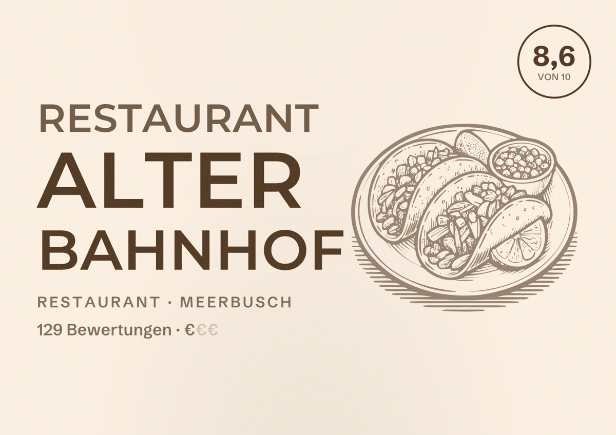 Illustriertes Poster von Restaurant Alter Bahnhof, Restaurant in Meerbusch: Bewertung 8,6 von 10 aus 129 Bewertungen, Preisniveau €