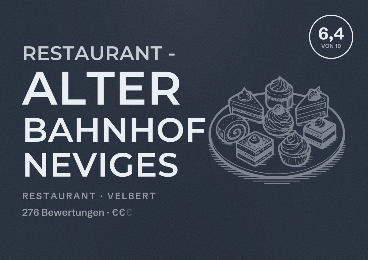 Illustriertes Poster von Restaurant - Alter Bahnhof Neviges, Restaurant in Velbert: Bewertung 6,4 von 10 aus 276 Bewertungen, Preisniveau €€