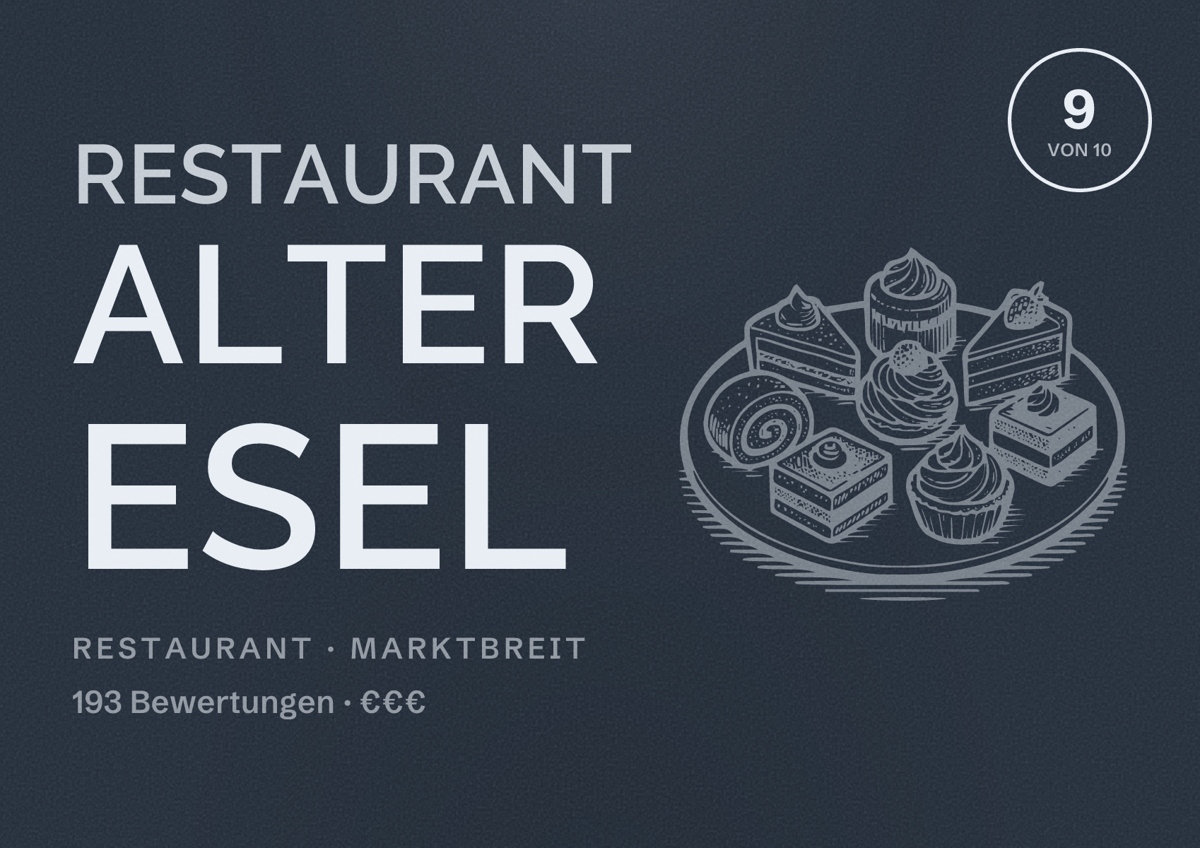 Illustriertes Poster von Restaurant Alter Esel, Restaurant in Marktbreit: Bewertung 9 von 10 aus 193 Bewertungen, Preisniveau €€€