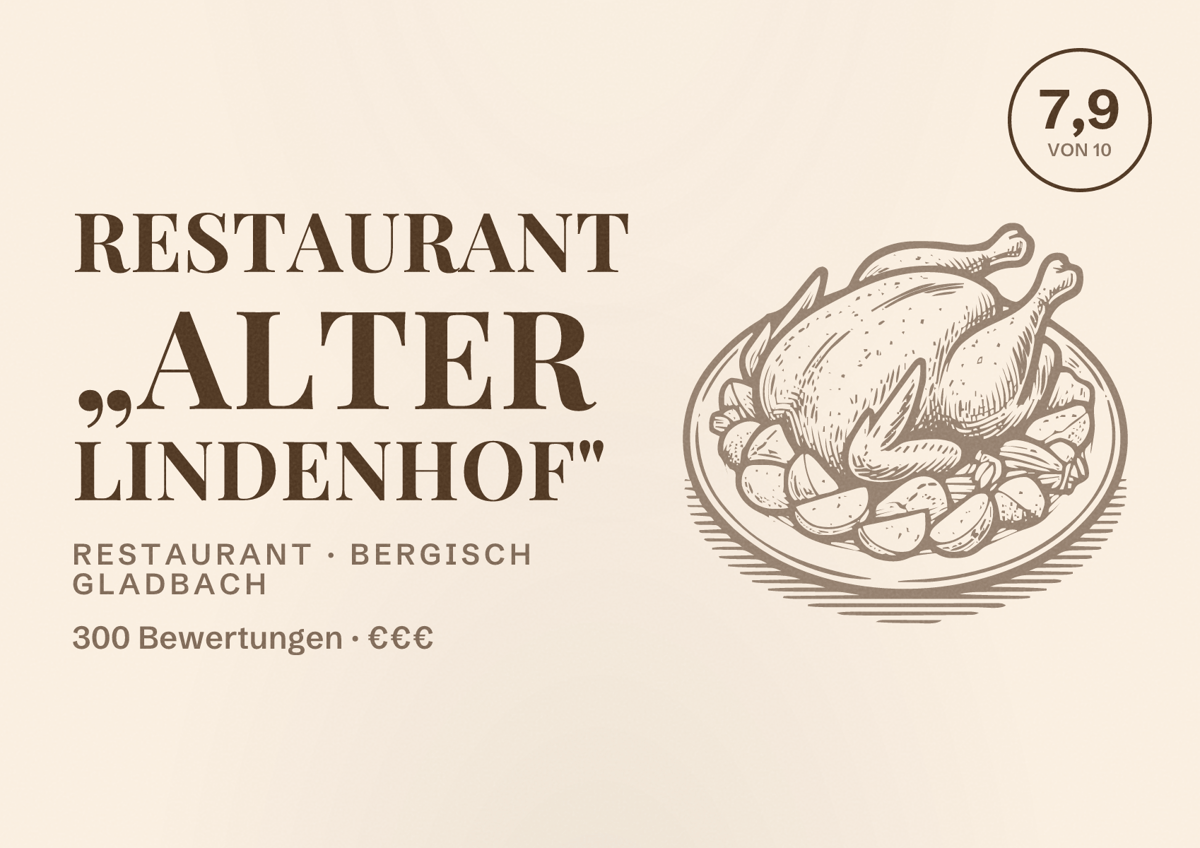 Illustriertes Poster von Restaurant „Alter Lindenhof", Restaurant in Bergisch Gladbach: Bewertung 7,9 von 10 aus 300 Bewertungen, Preisniveau €€€