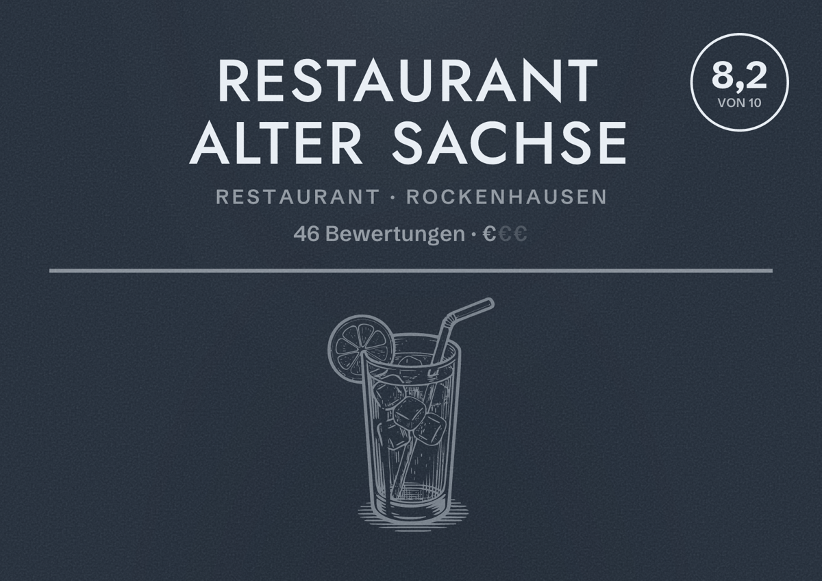 Illustriertes Poster von Restaurant Alter Sachse, Restaurant in Rockenhausen: Bewertung 8,2 von 10 aus 46 Bewertungen, Preisniveau €