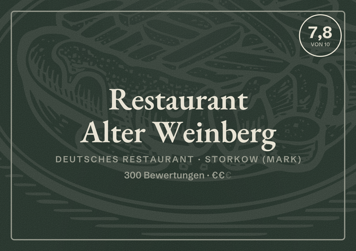 Illustriertes Poster von Restaurant Alter Weinberg, Deutsches Restaurant in Storkow (Mark): Bewertung 7,8 von 10 aus 300 Bewertungen, Preisniveau €€