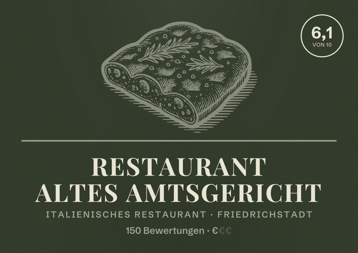 Illustriertes Poster von Restaurant Altes Amtsgericht, Italienisches Restaurant in Friedrichstadt: Bewertung 6,1 von 10 aus 150 Bewertungen, Preisniveau €