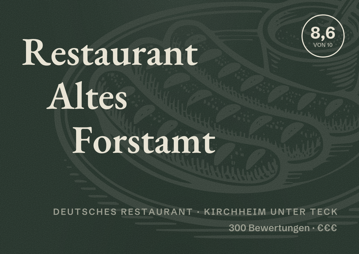 Illustriertes Poster von Restaurant Altes Forstamt, Deutsches Restaurant in Kirchheim unter Teck: Bewertung 8,6 von 10 aus 300 Bewertungen, Preisniveau €€€
