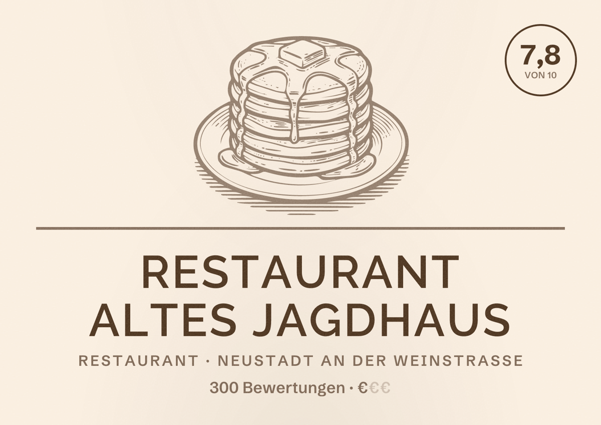 Illustriertes Poster von Restaurant Altes Jagdhaus, Restaurant in Neustadt an der Weinstraße: Bewertung 7,8 von 10 aus 300 Bewertungen, Preisniveau €
