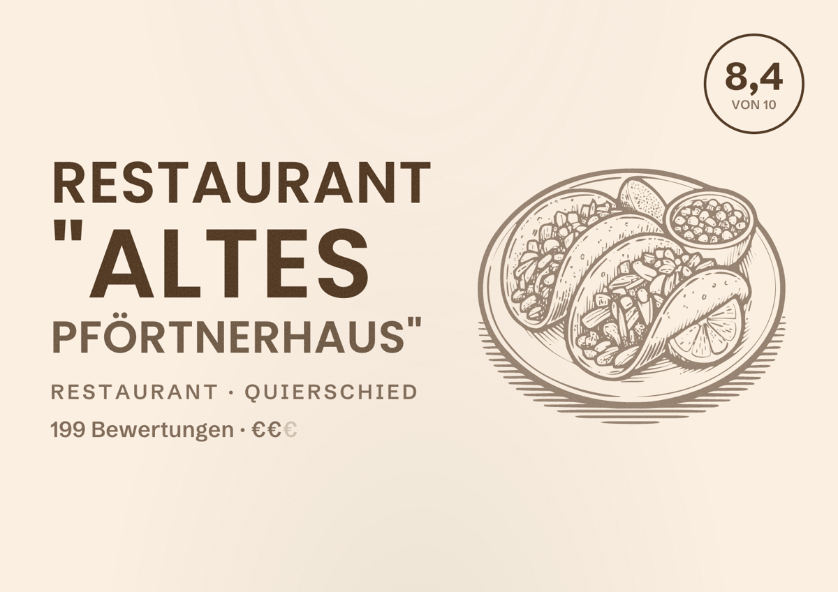 Illustriertes Poster von Restaurant "Altes Pförtnerhaus", Restaurant in Quierschied: Bewertung 8,4 von 10 aus 199 Bewertungen, Preisniveau €€