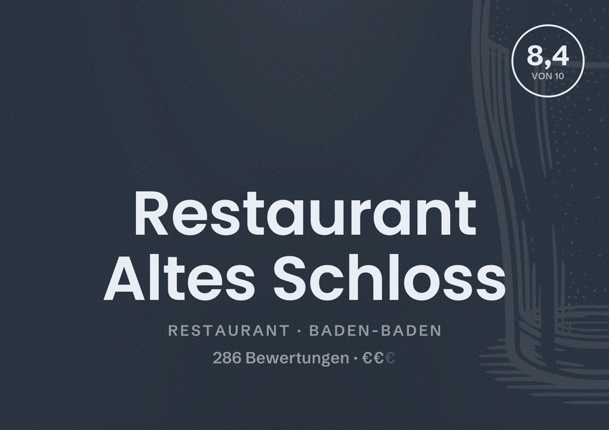 Illustriertes Poster von Restaurant Altes Schloss, Restaurant in Baden-Baden: Bewertung 8,4 von 10 aus 286 Bewertungen, Preisniveau €€