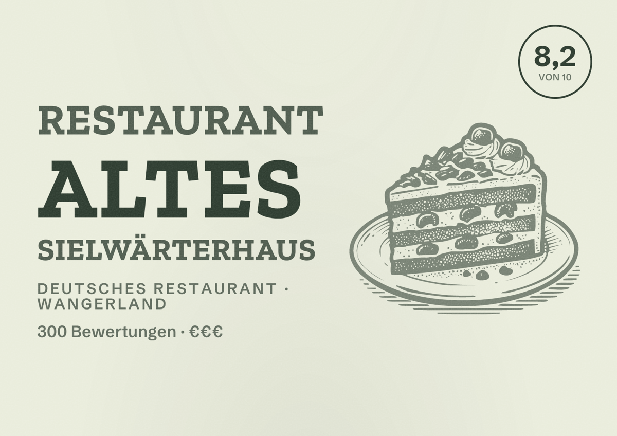 Illustriertes Poster von Restaurant Altes Sielwärterhaus, Deutsches Restaurant in Wangerland: Bewertung 8,2 von 10 aus 300 Bewertungen, Preisniveau €€€