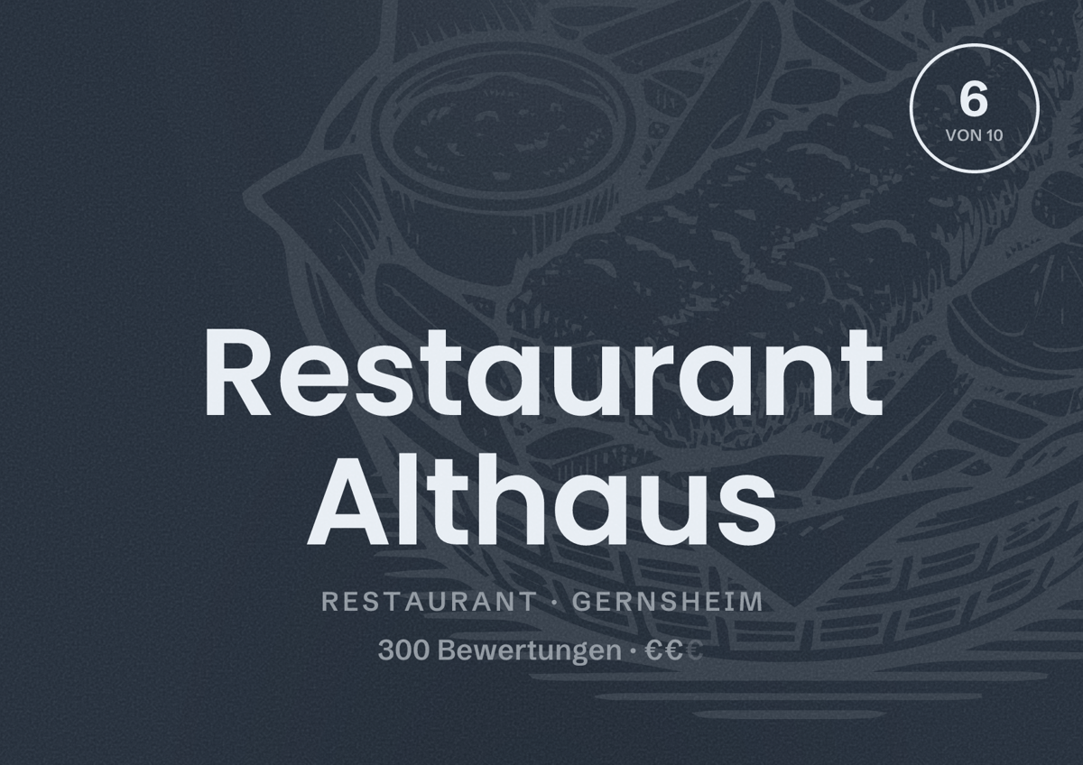 Illustriertes Poster von Restaurant Althaus, Restaurant in Gernsheim: Bewertung 6 von 10 aus 300 Bewertungen, Preisniveau €€