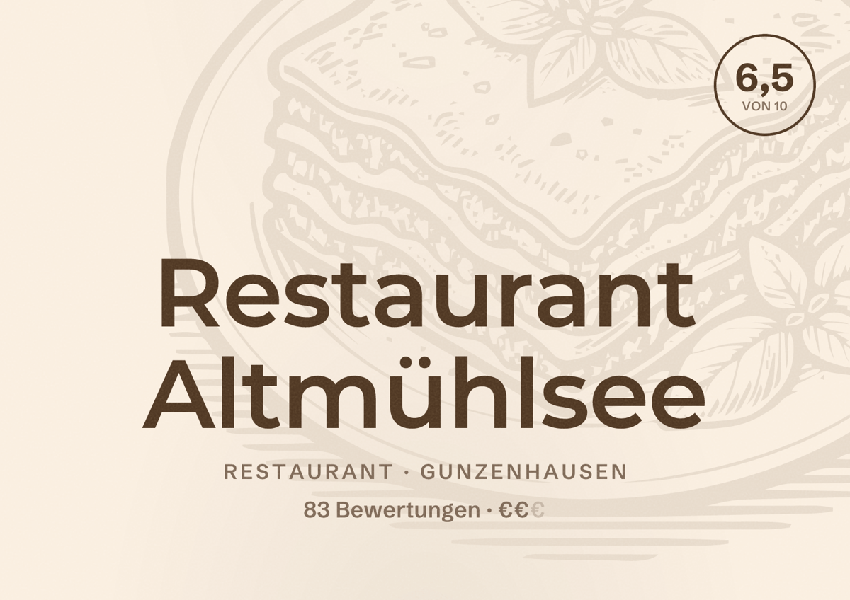 Illustriertes Poster von Restaurant Altmühlsee, Restaurant in Gunzenhausen: Bewertung 6,5 von 10 aus 83 Bewertungen, Preisniveau €€