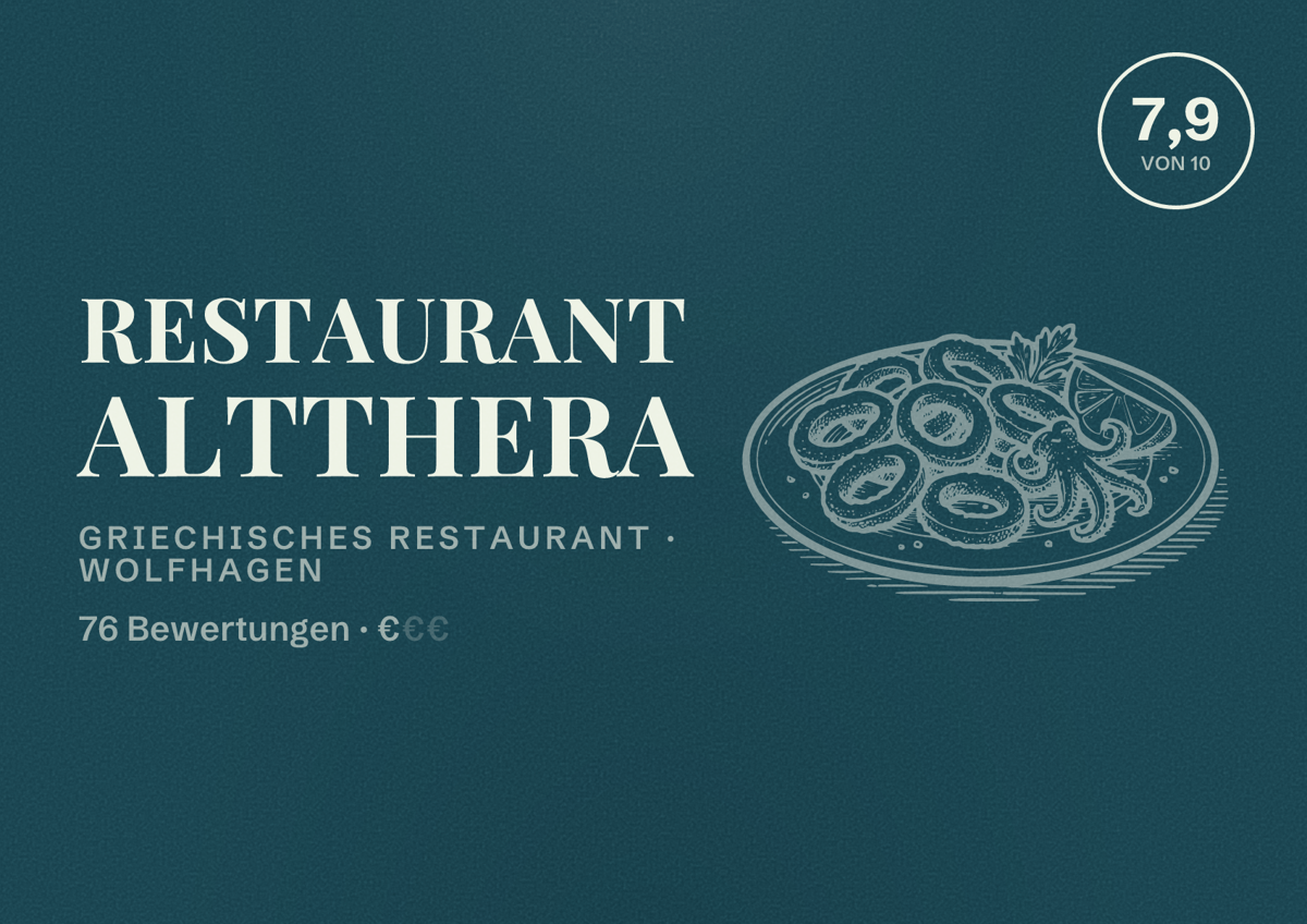 Illustriertes Poster von Restaurant Altthera, Griechisches Restaurant in Wolfhagen: Bewertung 7,9 von 10 aus 76 Bewertungen, Preisniveau €