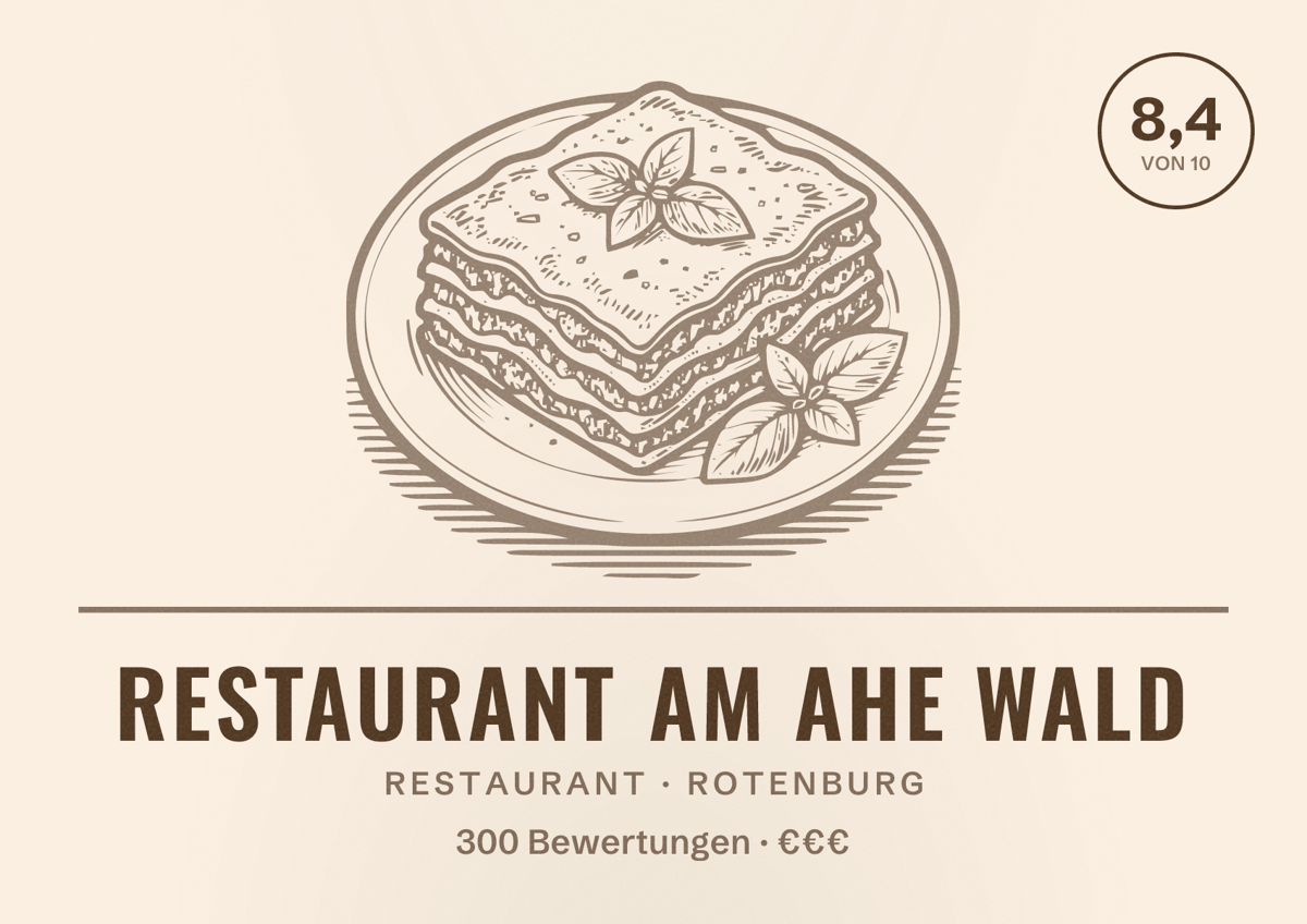 Illustriertes Poster von Restaurant Am Ahe Wald, Restaurant in Rotenburg: Bewertung 8,4 von 10 aus 300 Bewertungen, Preisniveau €€€