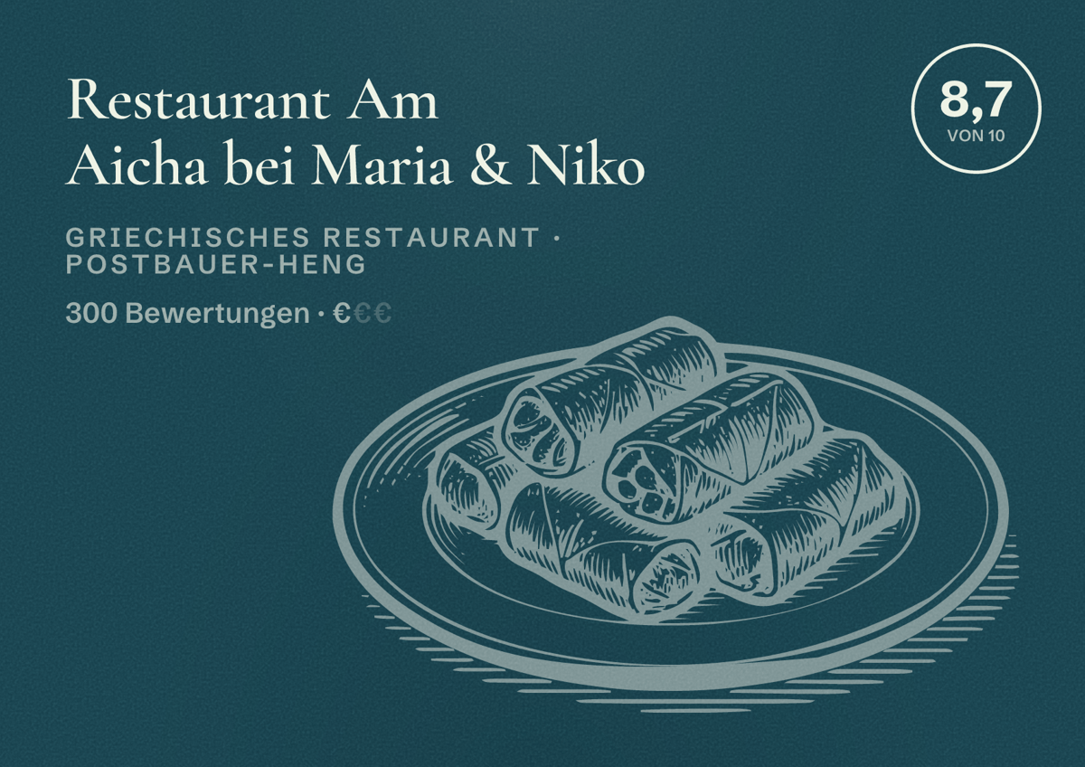 Illustriertes Poster von Restaurant Am Aicha bei Maria & Niko, Griechisches Restaurant in Postbauer-Heng: Bewertung 8,7 von 10 aus 300 Bewertungen, Preisniveau €