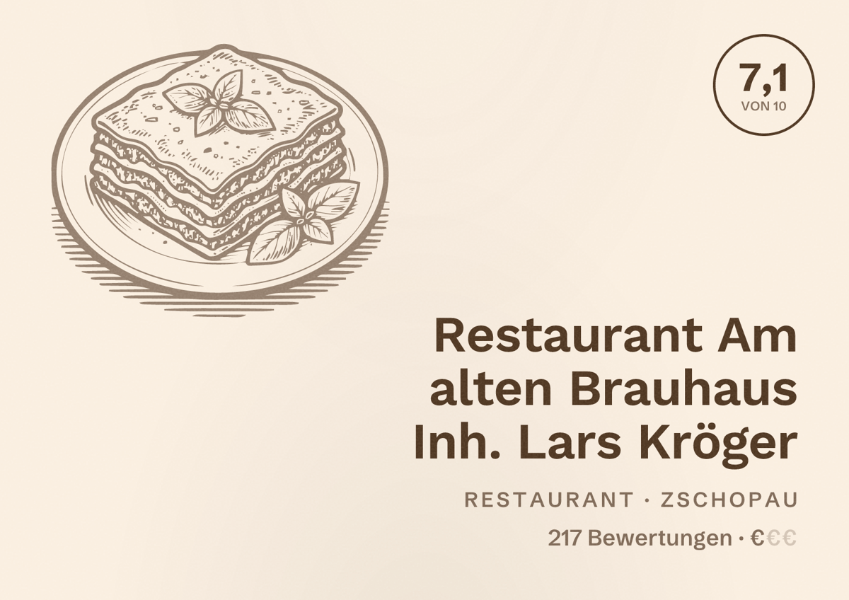 Illustriertes Poster von Restaurant Am alten Brauhaus Inh. Lars Kröger, Restaurant in Zschopau: Bewertung 7,1 von 10 aus 217 Bewertungen, Preisniveau €