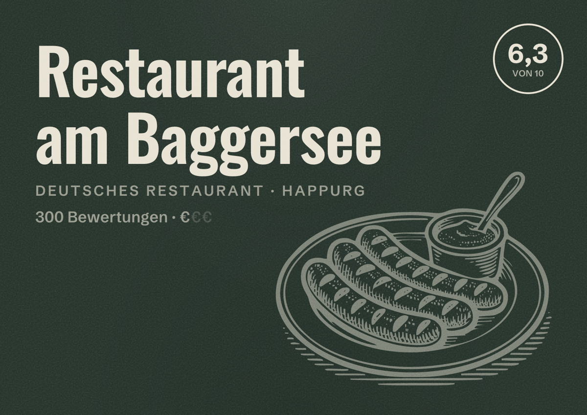 Illustriertes Poster von Restaurant am Baggersee, Deutsches Restaurant in Happurg: Bewertung 6,3 von 10 aus 300 Bewertungen, Preisniveau €