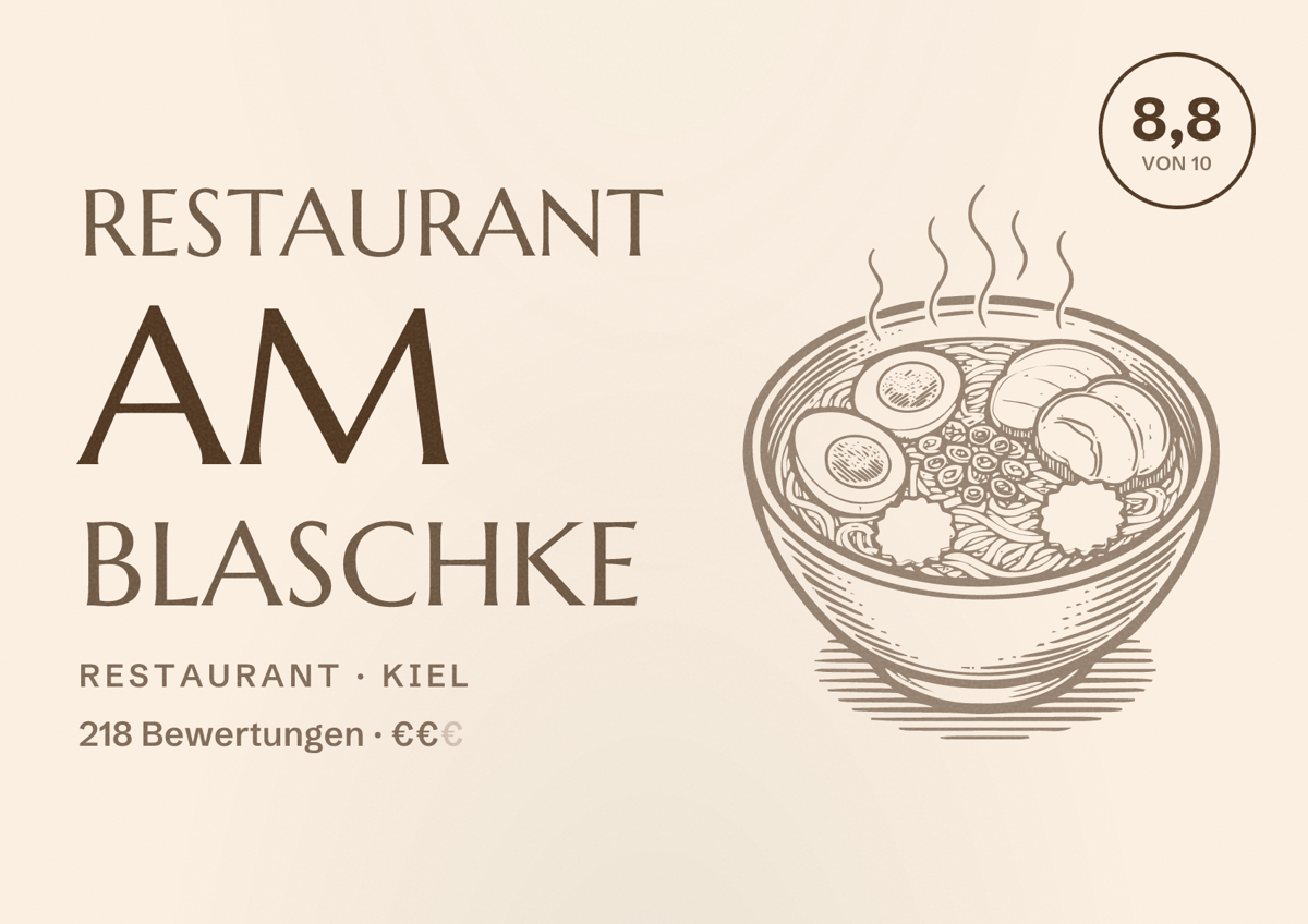 Illustriertes Poster von Restaurant am Blaschke, Restaurant in Kiel: Bewertung 8,8 von 10 aus 218 Bewertungen, Preisniveau €€