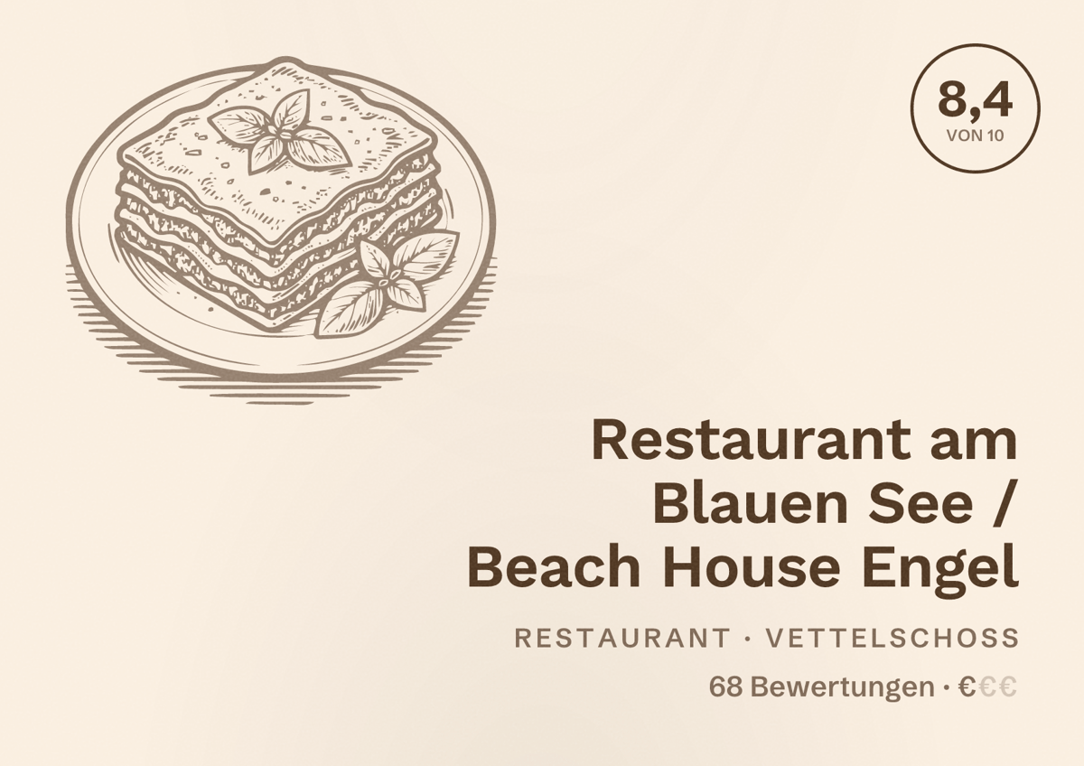 Illustriertes Poster von Restaurant am Blauen See / Beach House Engel, Restaurant in Vettelschoß: Bewertung 8,4 von 10 aus 68 Bewertungen, Preisniveau €