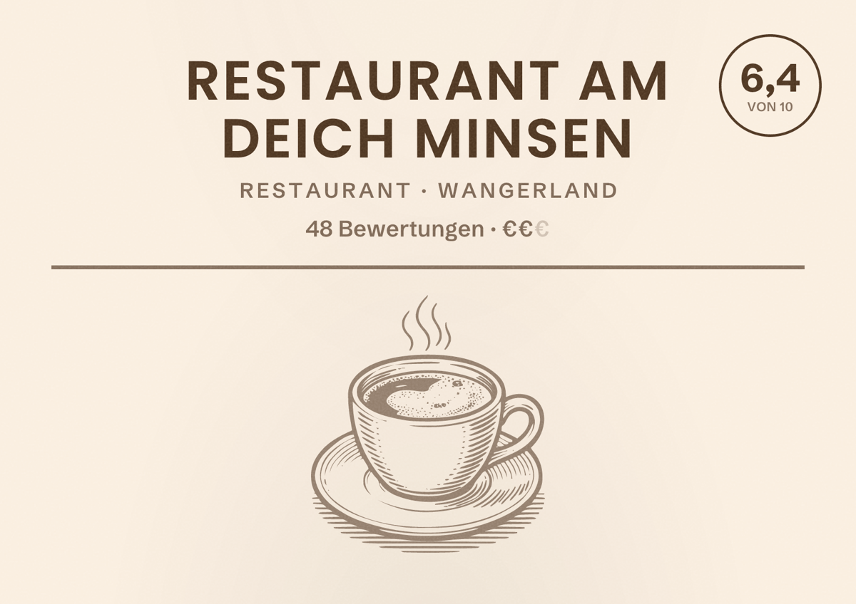 Illustriertes Poster von Restaurant am Deich Minsen, Restaurant in Wangerland: Bewertung 6,4 von 10 aus 48 Bewertungen, Preisniveau €€