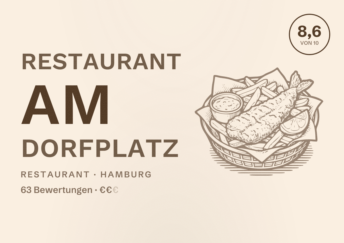 Illustriertes Poster von Restaurant Am Dorfplatz, Restaurant in Hamburg: Bewertung 8,6 von 10 aus 63 Bewertungen, Preisniveau €€