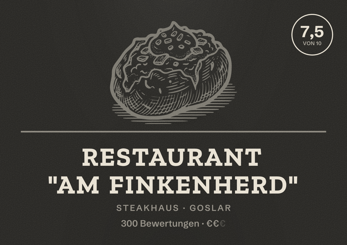 Illustriertes Poster von Restaurant "Am Finkenherd", Steakhaus in Goslar: Bewertung 7,5 von 10 aus 300 Bewertungen, Preisniveau €€