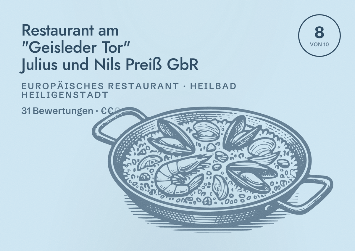Illustriertes Poster von Restaurant am "Geisleder Tor" Julius und Nils Preiß GbR, Europäisches Restaurant in Heilbad Heiligenstadt: Bewertung 8 von 10 aus 31 Bewertungen, Preisniveau €€