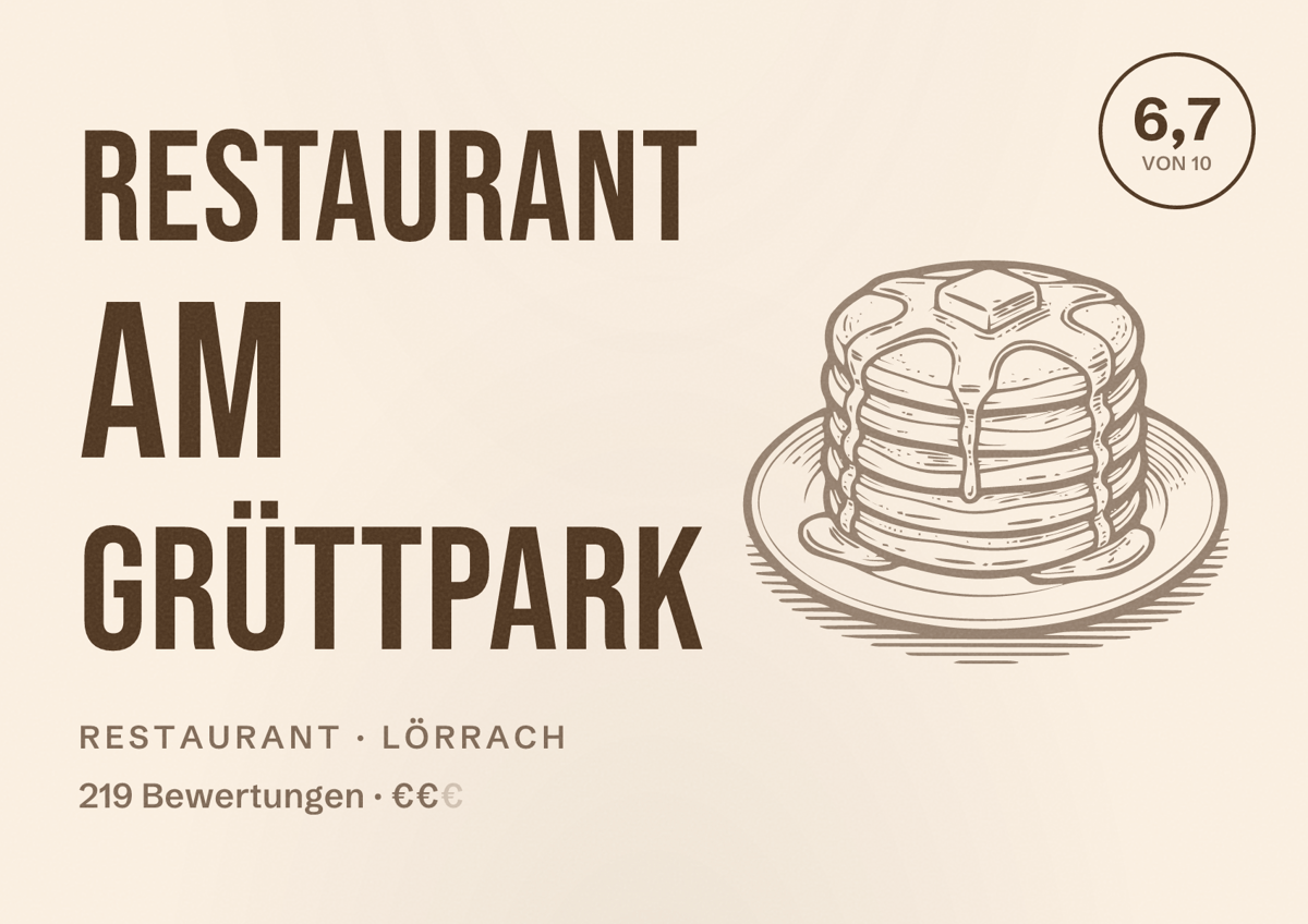 Illustriertes Poster von Restaurant am Grüttpark, Restaurant in Lörrach: Bewertung 6,7 von 10 aus 219 Bewertungen, Preisniveau €€