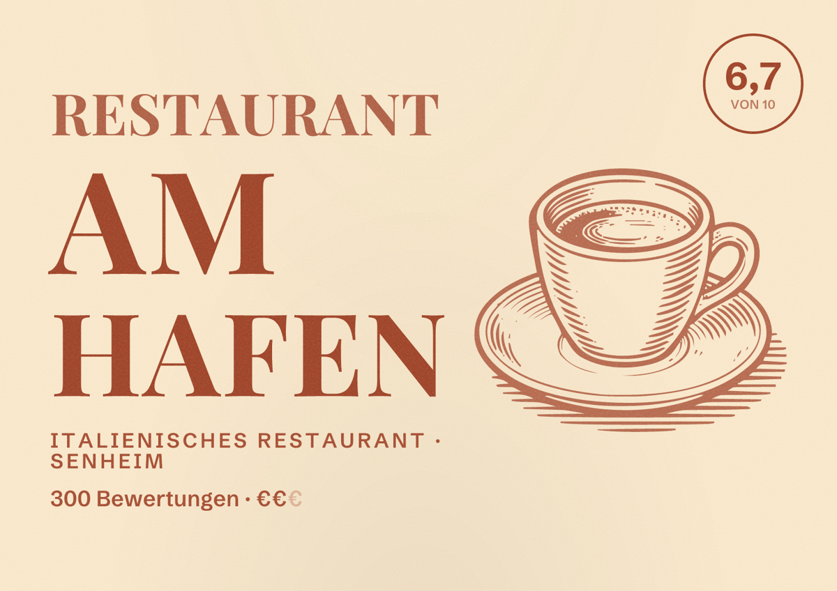 Illustriertes Poster von Restaurant am Hafen, Italienisches Restaurant in Senheim: Bewertung 6,7 von 10 aus 300 Bewertungen, Preisniveau €€