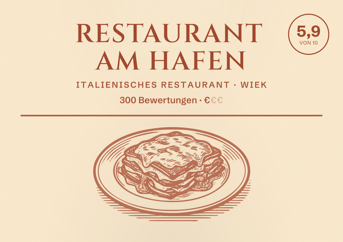 Illustriertes Poster von Restaurant Am Hafen, Italienisches Restaurant in Wiek: Bewertung 5,9 von 10 aus 300 Bewertungen, Preisniveau €