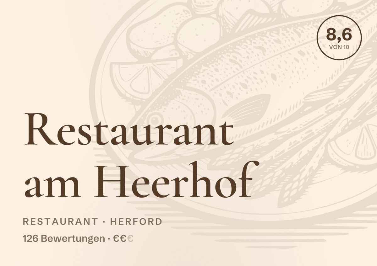 Illustriertes Poster von Restaurant am Heerhof, Restaurant in Herford: Bewertung 8,6 von 10 aus 126 Bewertungen, Preisniveau €€