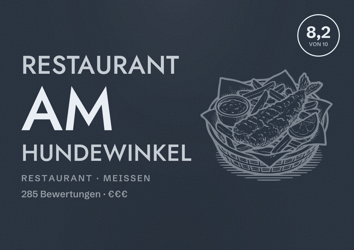 Illustriertes Poster von Restaurant Am Hundewinkel, Restaurant in Meißen: Bewertung 8,2 von 10 aus 285 Bewertungen, Preisniveau €€€