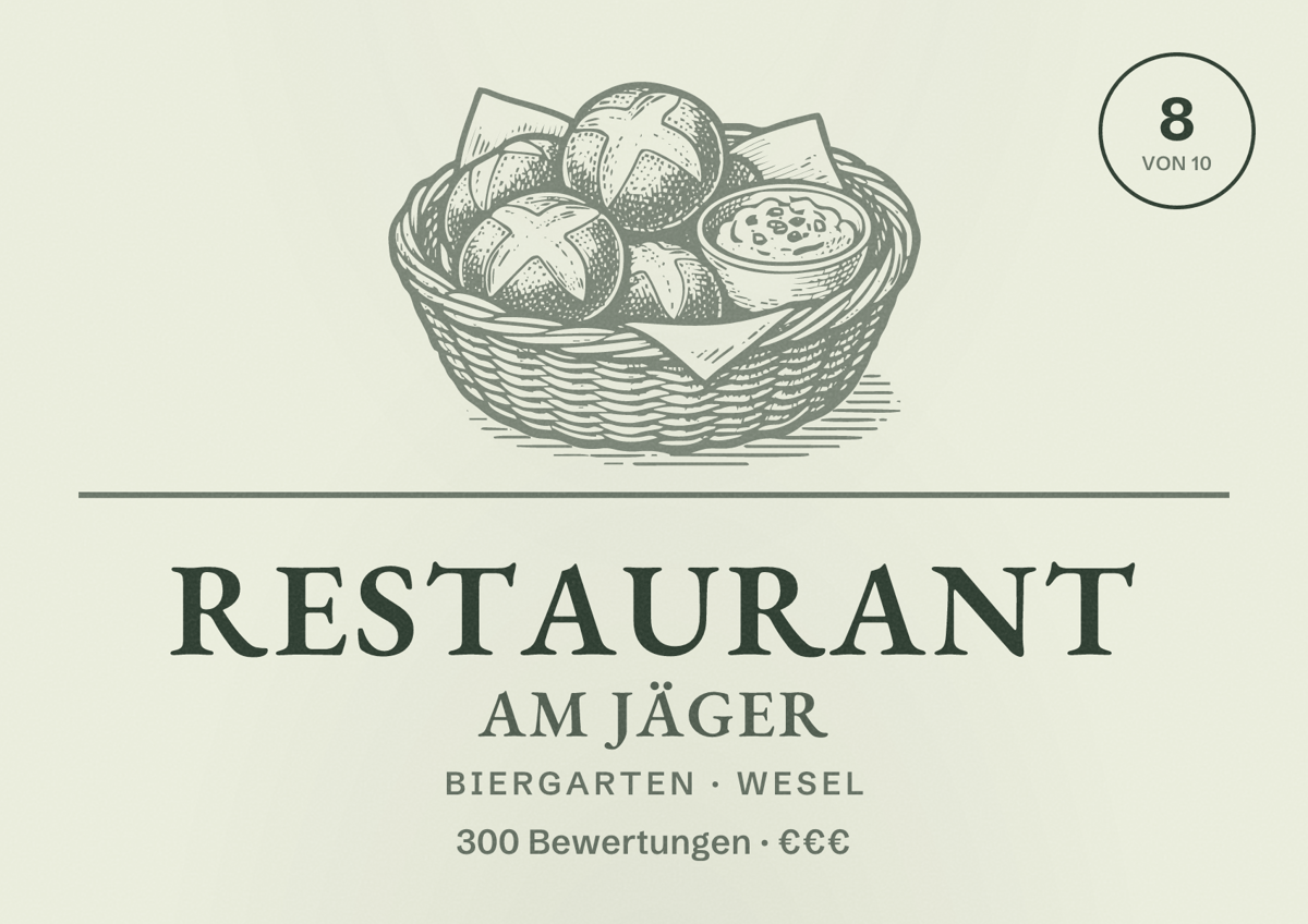 Illustriertes Poster von Restaurant Am Jäger, Biergarten in Wesel: Bewertung 8 von 10 aus 300 Bewertungen, Preisniveau €€€