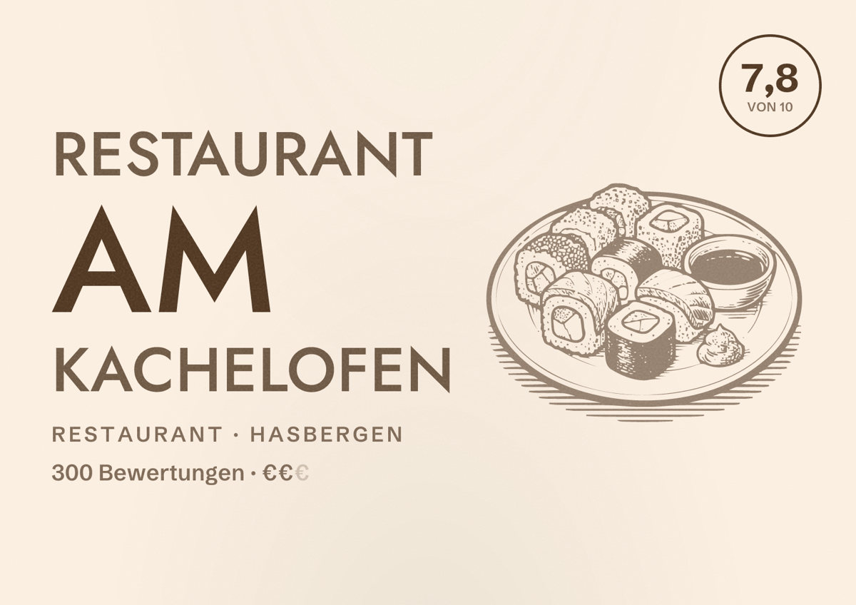 Illustriertes Poster von Restaurant am Kachelofen, Restaurant in Hasbergen: Bewertung 7,8 von 10 aus 300 Bewertungen, Preisniveau €€