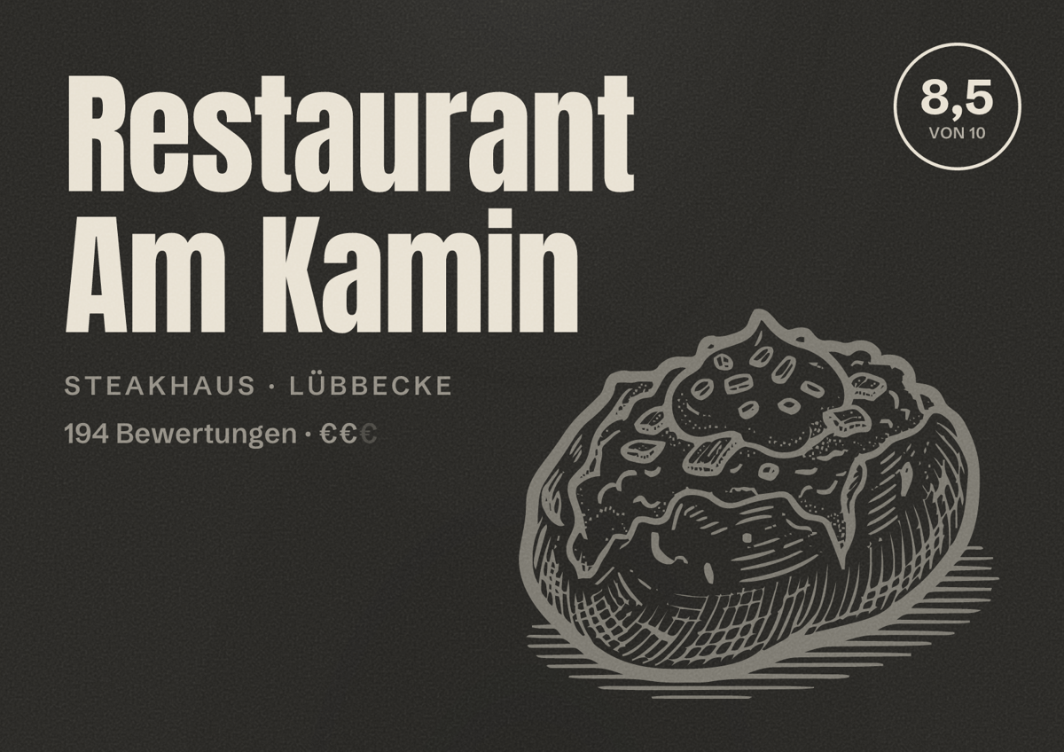 Illustriertes Poster von Restaurant Am Kamin, Steakhaus in Lübbecke: Bewertung 8,5 von 10 aus 194 Bewertungen, Preisniveau €€