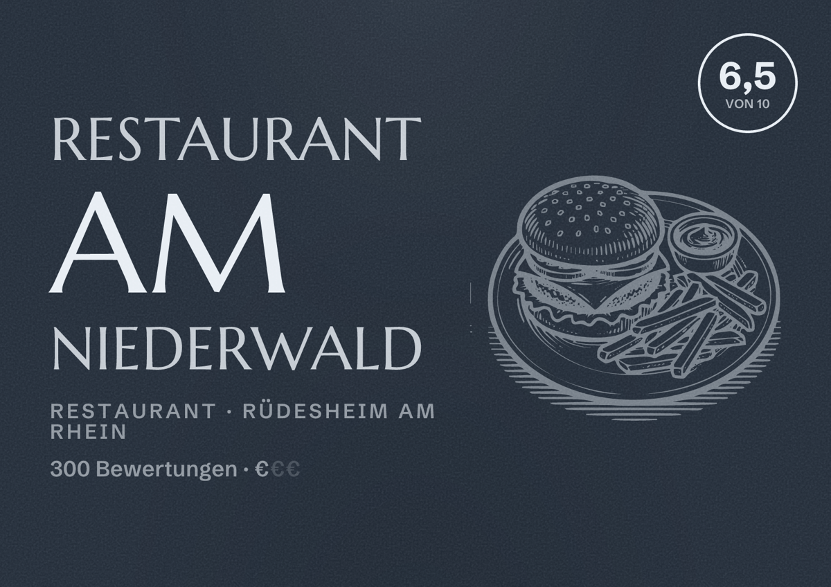Illustriertes Poster von Restaurant Am Niederwald, Restaurant in Rüdesheim am Rhein: Bewertung 6,5 von 10 aus 300 Bewertungen, Preisniveau €