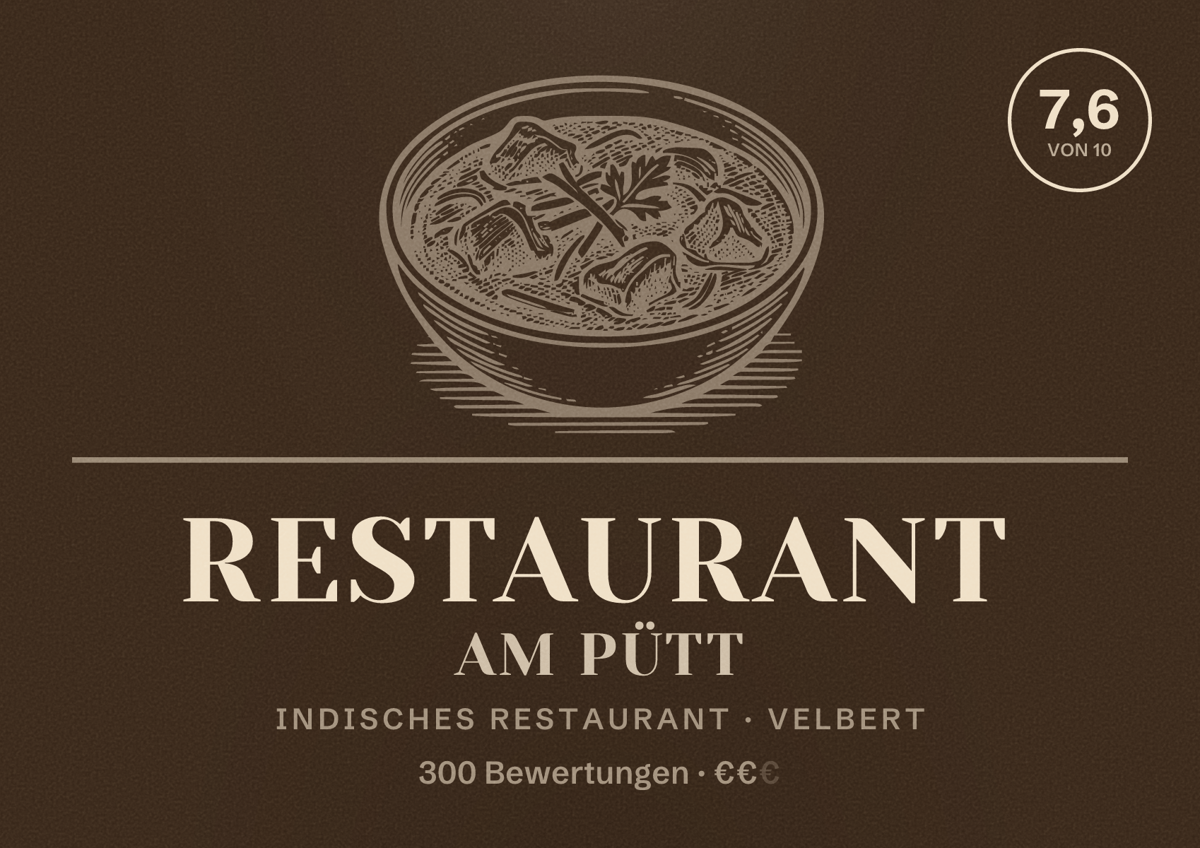 Illustriertes Poster von Restaurant Am Pütt, Indisches Restaurant in Velbert: Bewertung 7,6 von 10 aus 300 Bewertungen, Preisniveau €€