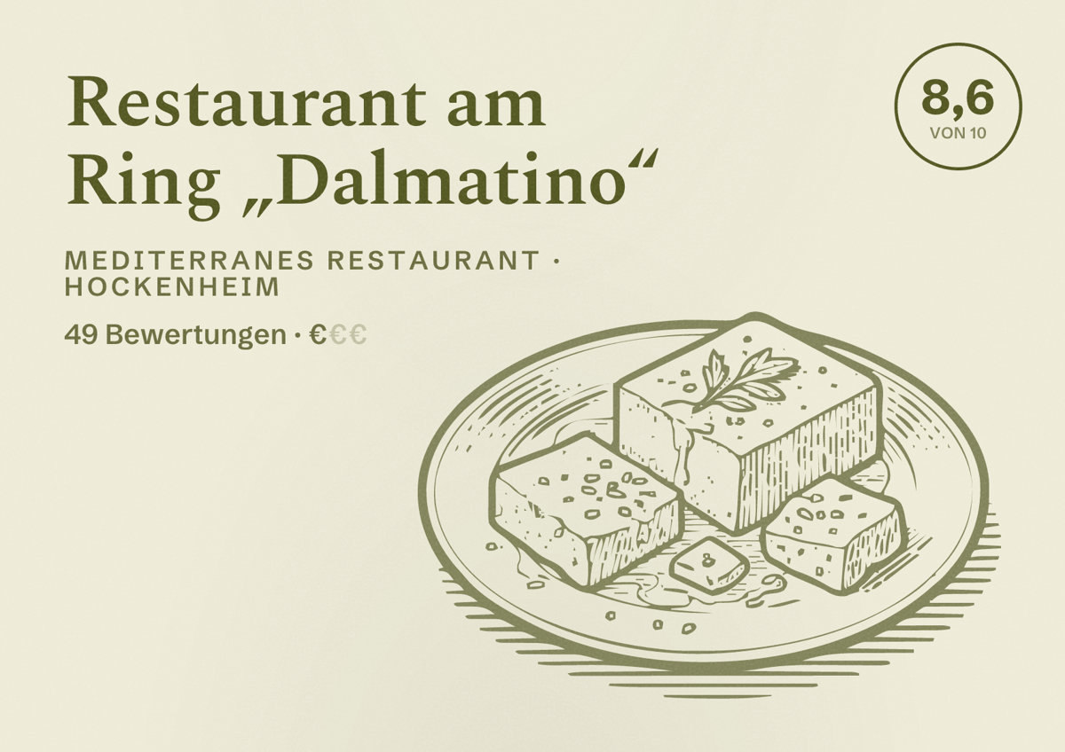 Illustriertes Poster von Restaurant am Ring „Dalmatino“, Mediterranes Restaurant in Hockenheim: Bewertung 8,6 von 10 aus 49 Bewertungen, Preisniveau €