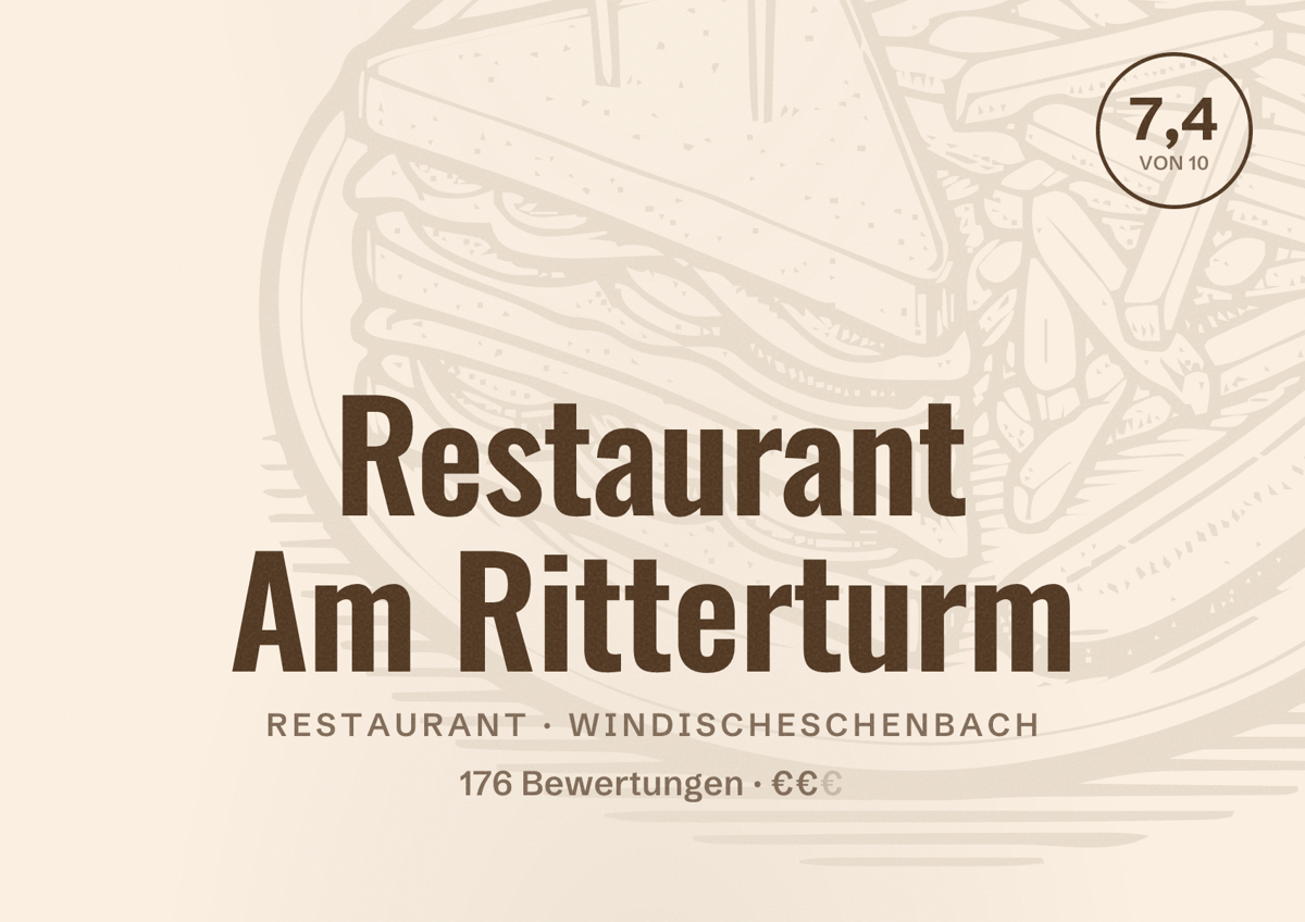 Illustriertes Poster von Restaurant Am Ritterturm, Restaurant in Windischeschenbach: Bewertung 7,4 von 10 aus 176 Bewertungen, Preisniveau €€