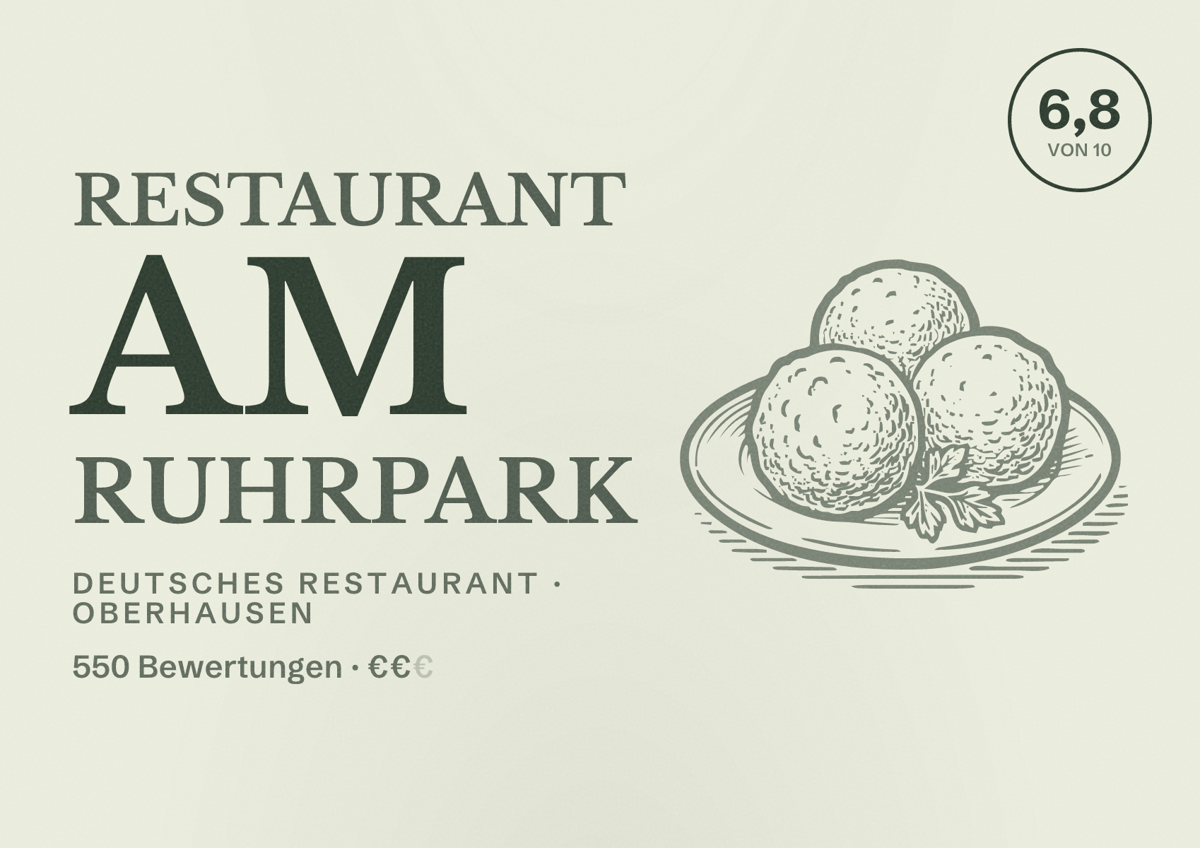 Illustriertes Poster von Restaurant am Ruhrpark, Deutsches Restaurant in Oberhausen: Bewertung 6,8 von 10 aus 550 Bewertungen, Preisniveau €€