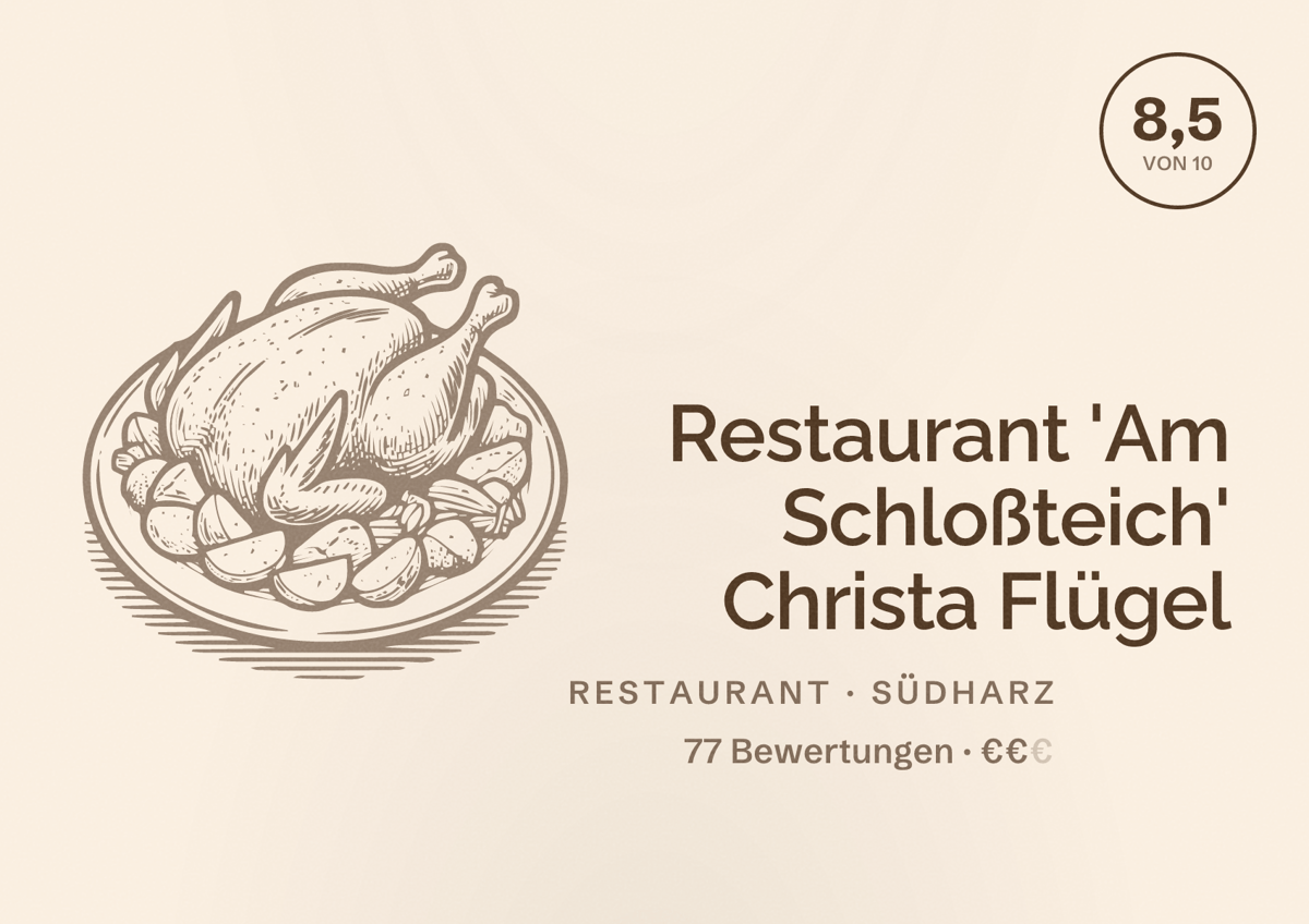 Illustriertes Poster von Restaurant 'Am Schloßteich' Christa Flügel, Restaurant in Südharz: Bewertung 8,5 von 10 aus 77 Bewertungen, Preisniveau €€