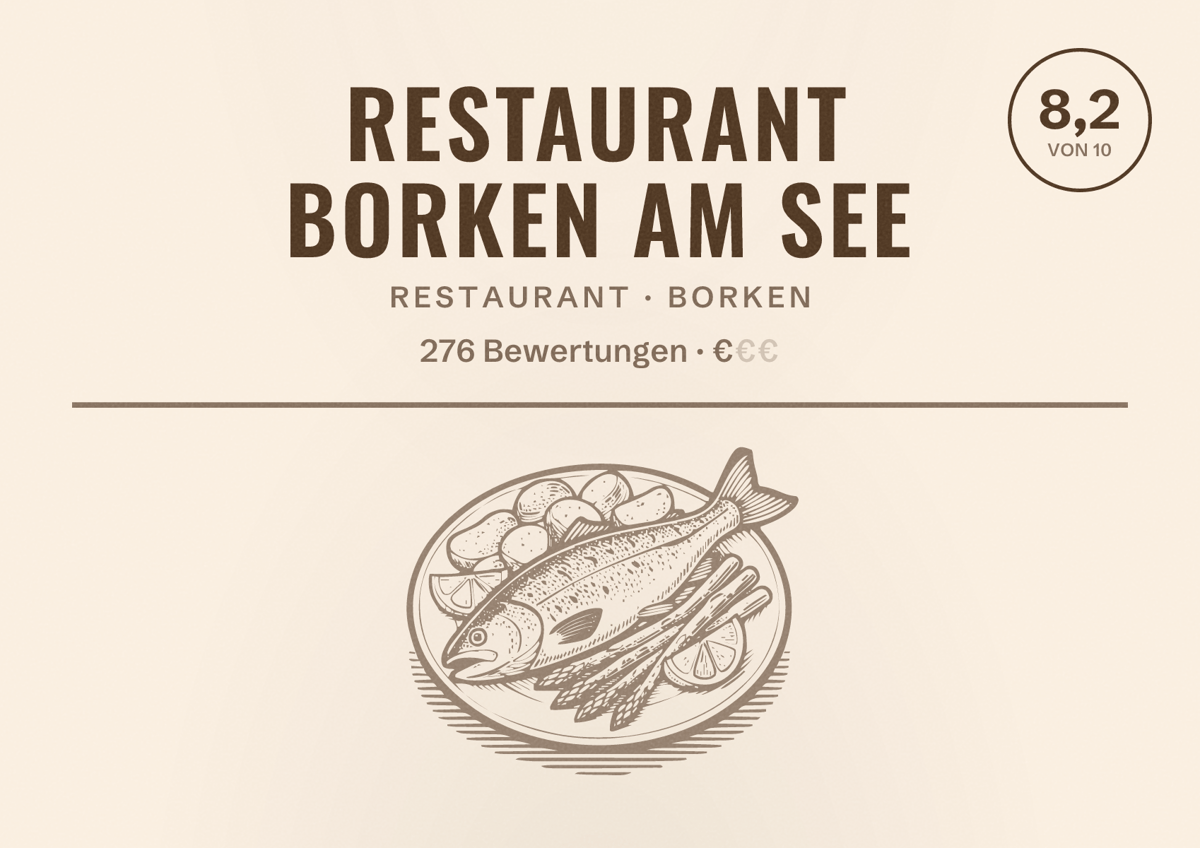 Illustriertes Poster von Restaurant Borken Am See, Restaurant in Borken: Bewertung 8,2 von 10 aus 276 Bewertungen, Preisniveau €