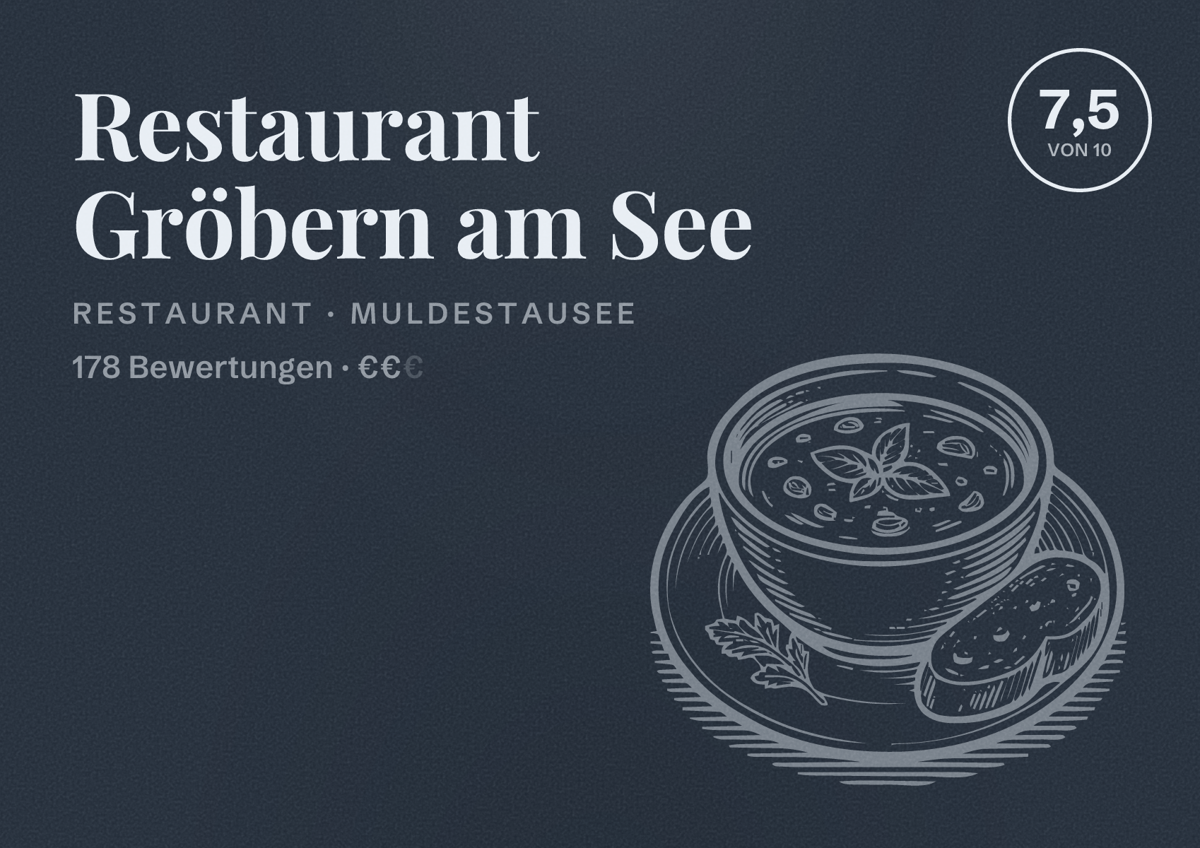Illustriertes Poster von Restaurant Gröbern am See, Restaurant in Muldestausee: Bewertung 7,5 von 10 aus 178 Bewertungen, Preisniveau €€